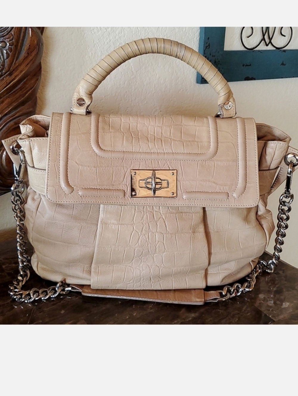 Be & D croc embossed leather top handle bag